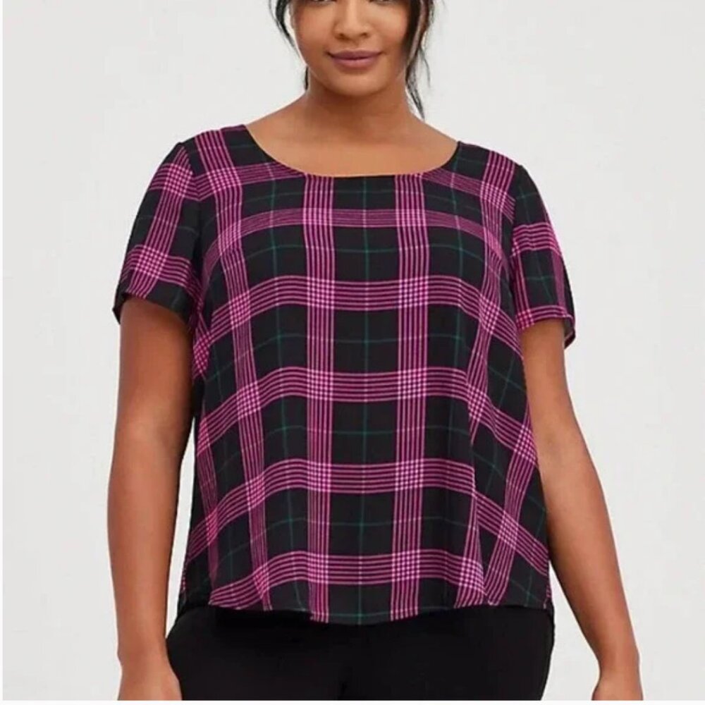 Torrid Abbey Georgette Plaid Blouse Pink and Black